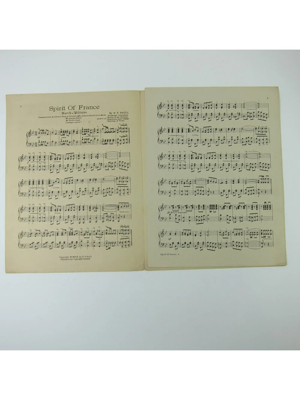 Sheet Music Spirit of France March Militaire E. T. Paull WWI War Antique 1919